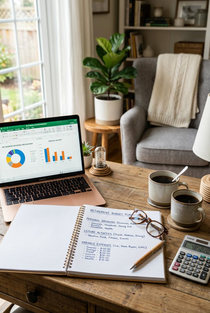 A home office desk with a notebook, calculator, coffee cup, reading glasses, and a laptop showing budget charts, next to a cozy armchair and a small plant.