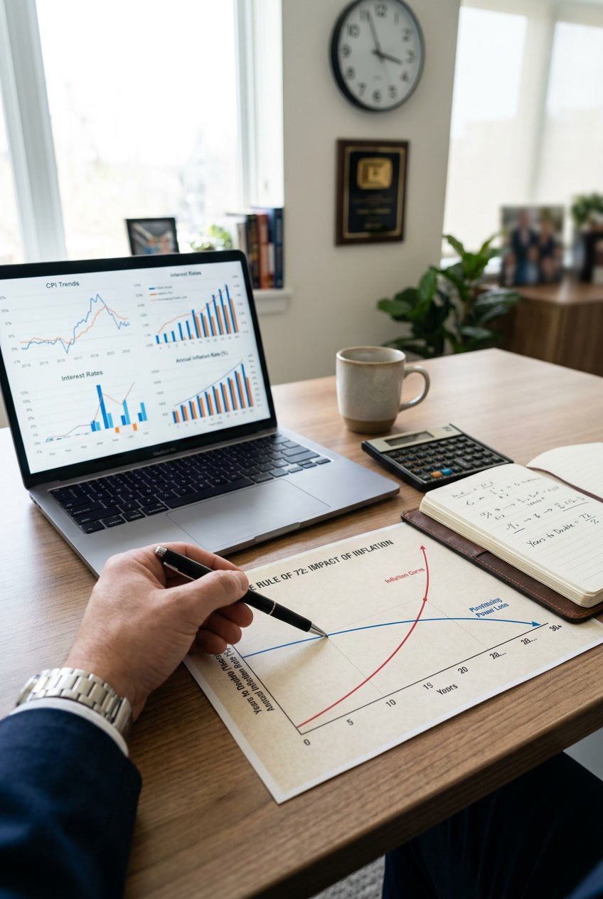 A desk with financial documents, a calculator, and a laptop showing charts, with a hand pointing at a printed graph representing inflation growth.