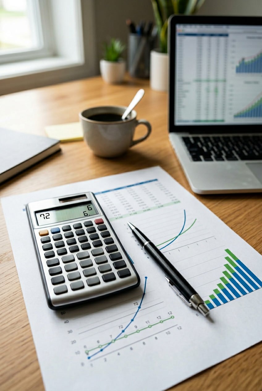 Close-up of a calculator, pen, and financial documents with charts and graphs on a desk with a laptop and coffee cup in the background.