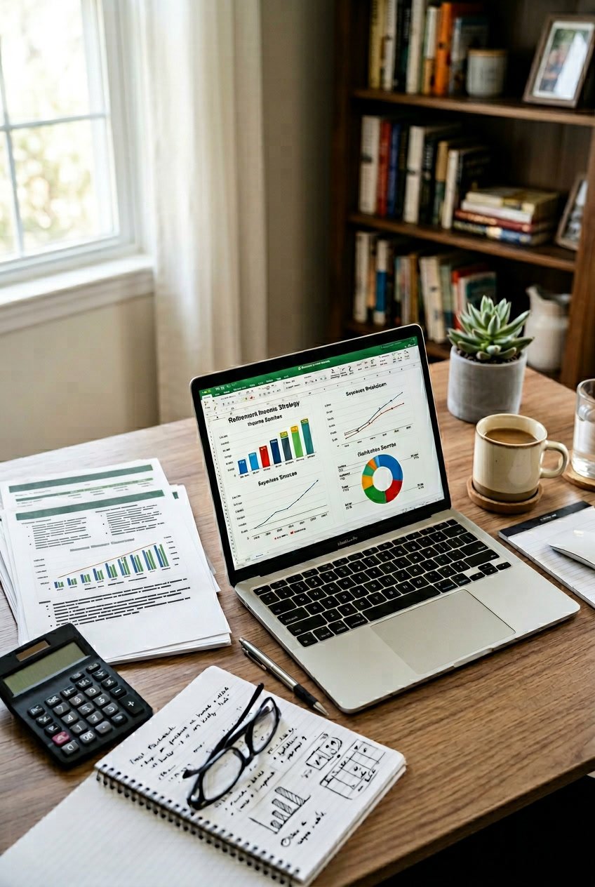A desk with financial documents, a calculator, a laptop, reading glasses, and a coffee cup arranged neatly in a home office setting.