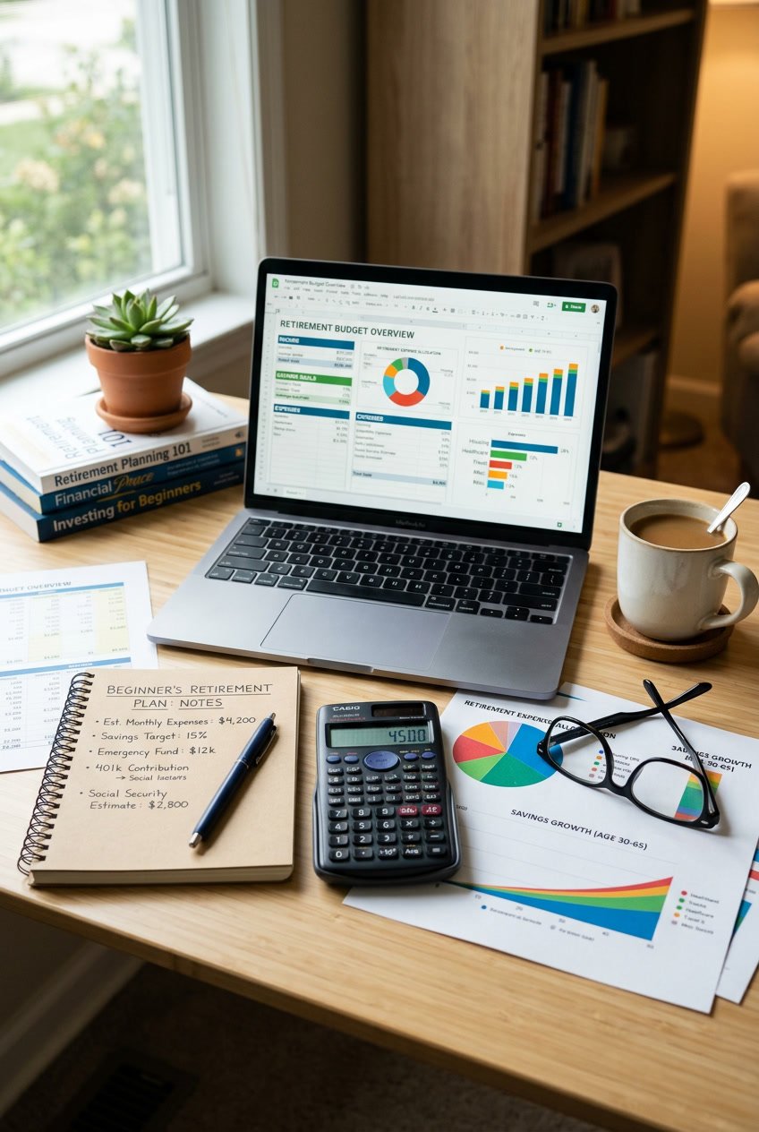 A workspace with a laptop, calculator, notepad, printed financial charts, and a cup of coffee on a desk.