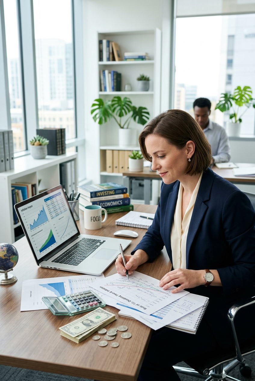 A businesswoman reviewing financial charts and documents in a bright office with a laptop, calculator, coins, and graphs.