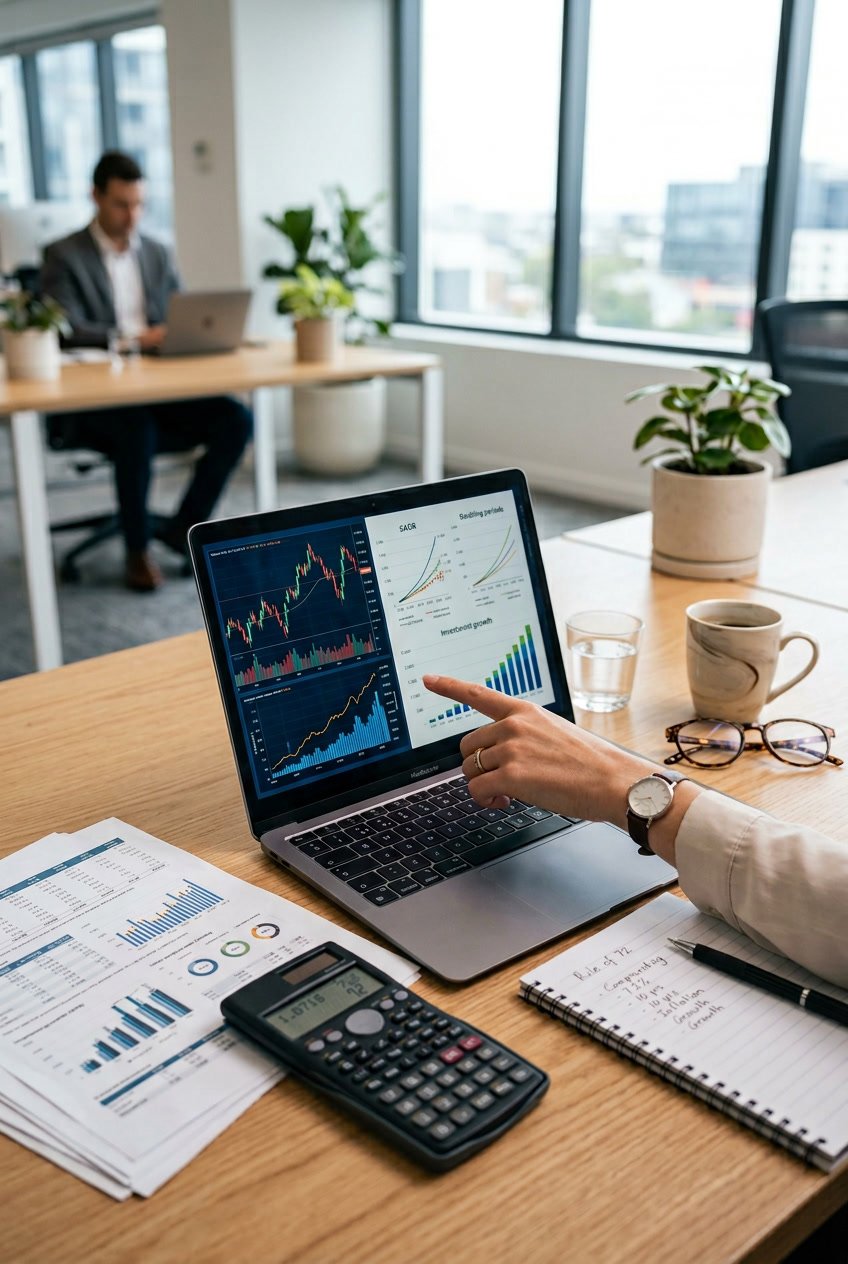 A person pointing at financial charts on a laptop screen with a calculator, documents, and coffee cup on a desk.