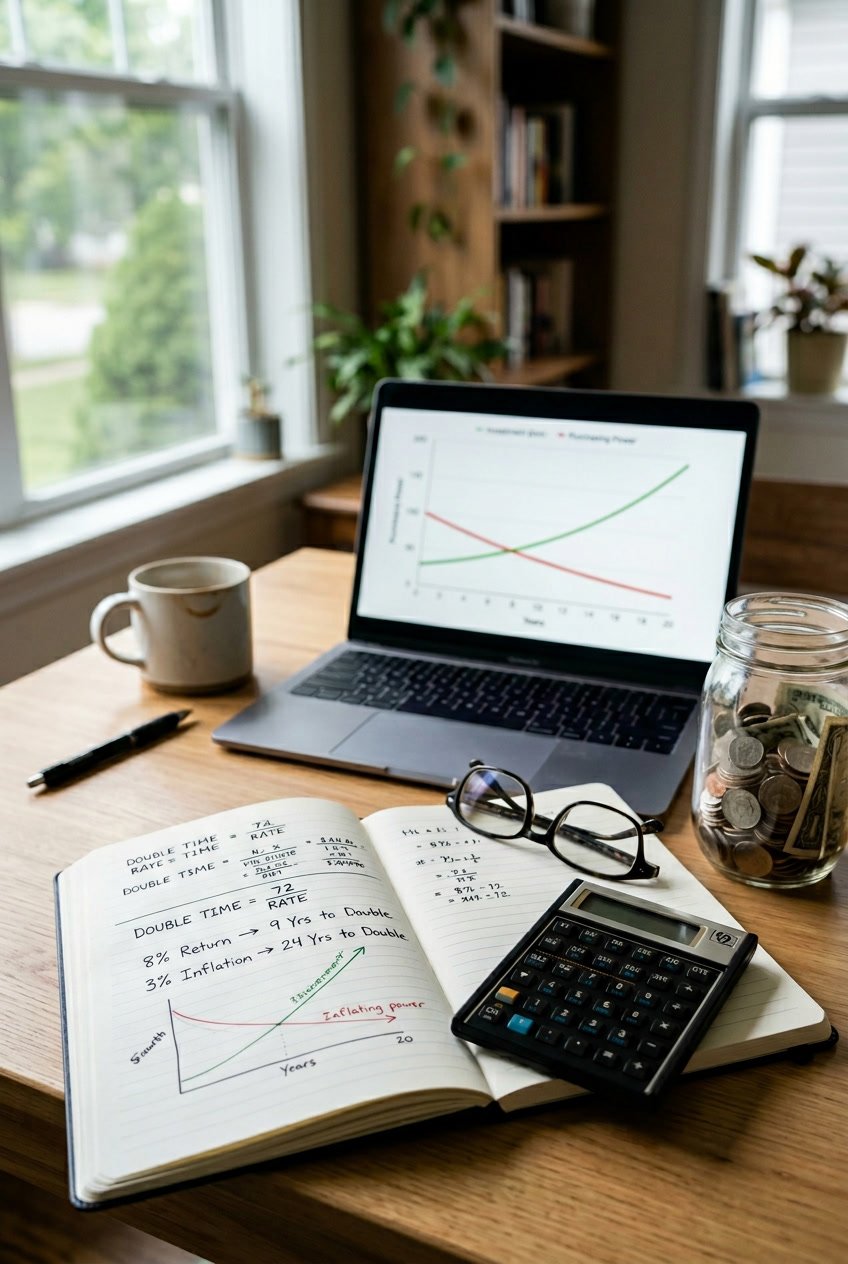 A workspace with a calculator, glasses, notebook with financial notes, a savings jar with coins, and a laptop showing a graph about inflation and investment growth.