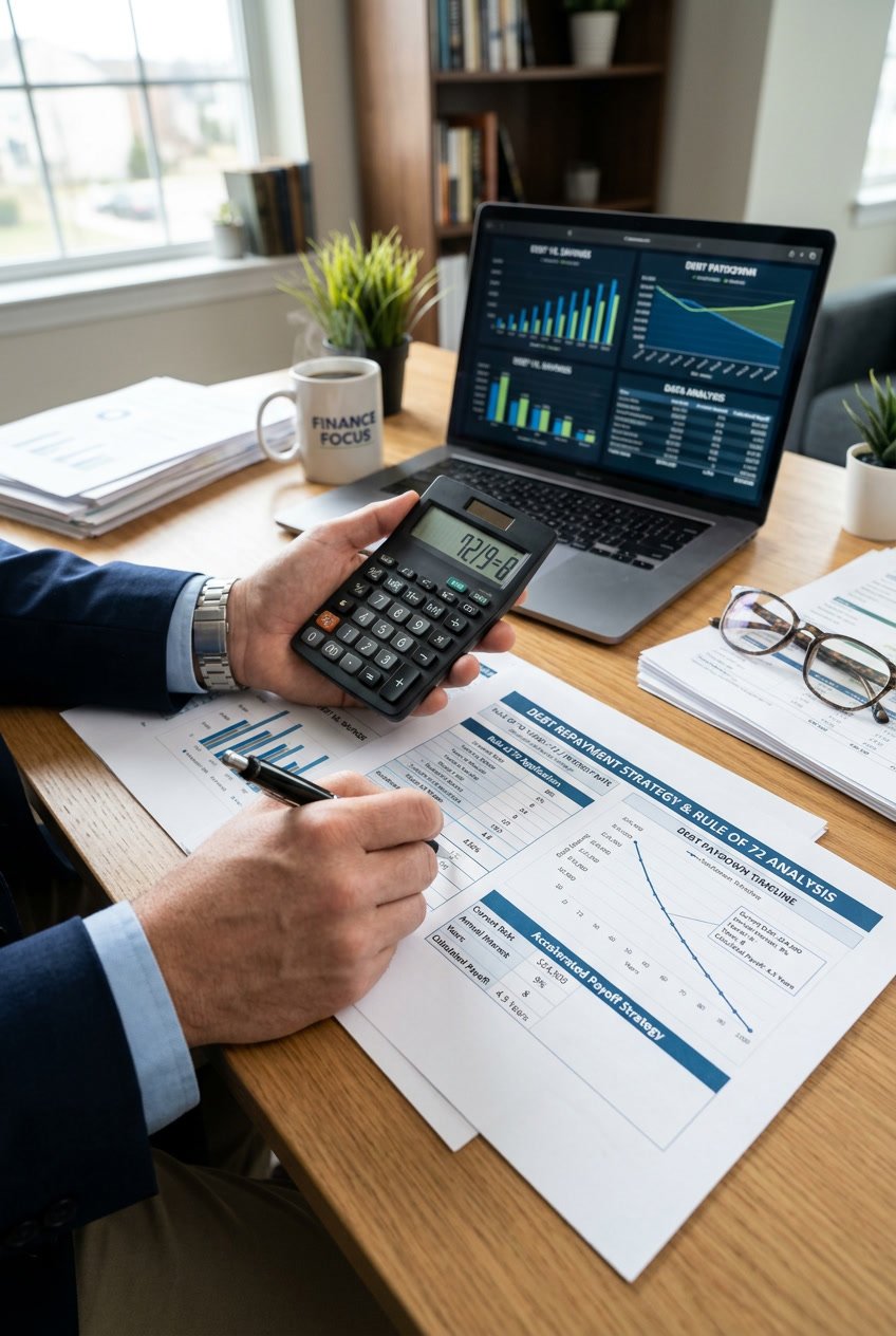 Hands holding a calculator and pen over financial documents with charts on a desk with a laptop, coffee cup, and eyeglasses.
