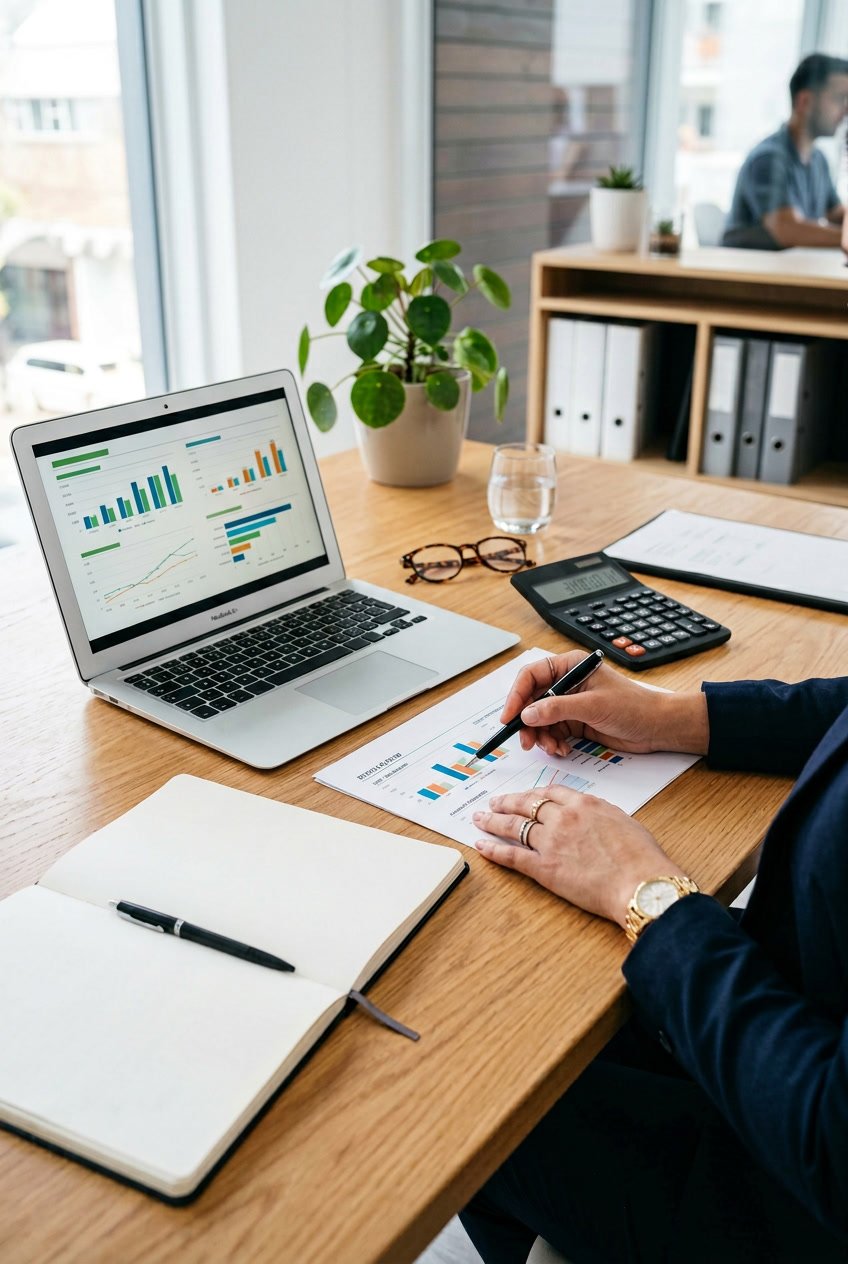 Hands pointing at financial documents on a desk with a calculator and laptop displaying charts related to debt payoff.