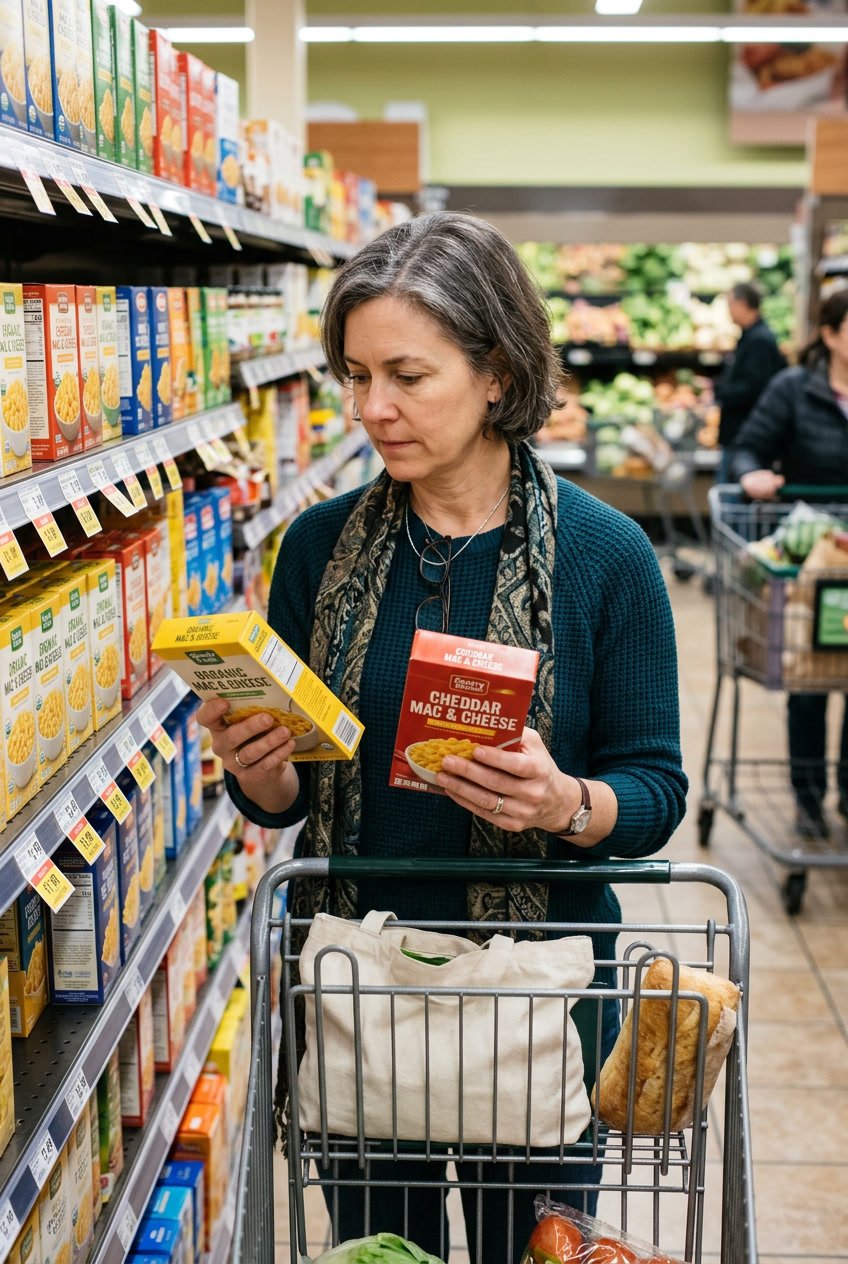 A person comparing prices of two grocery items by looking at price tags on store shelves.
