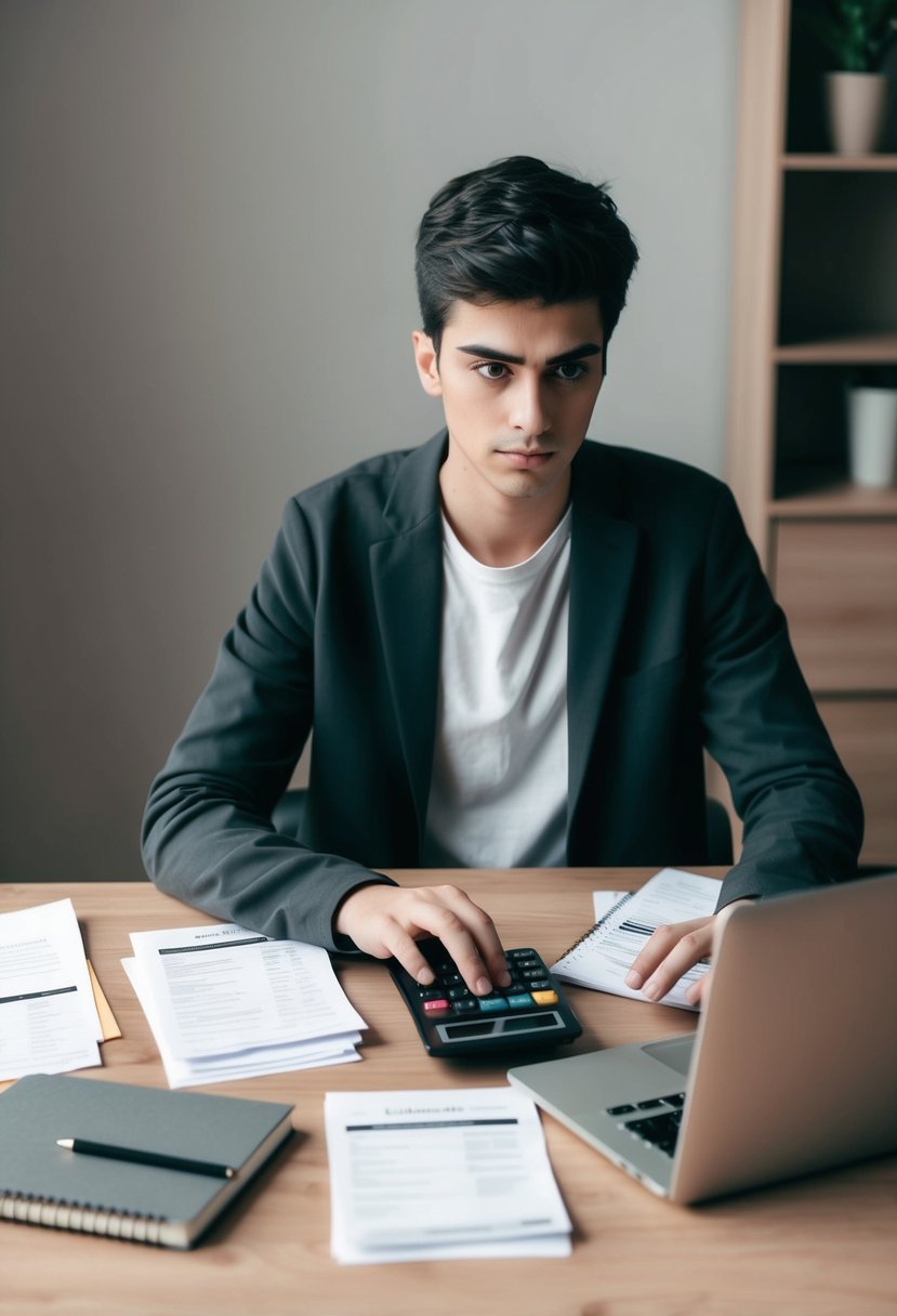 A young person sitting at a desk, surrounded by bills, a laptop, and a notebook. They are using a calculator and looking determined