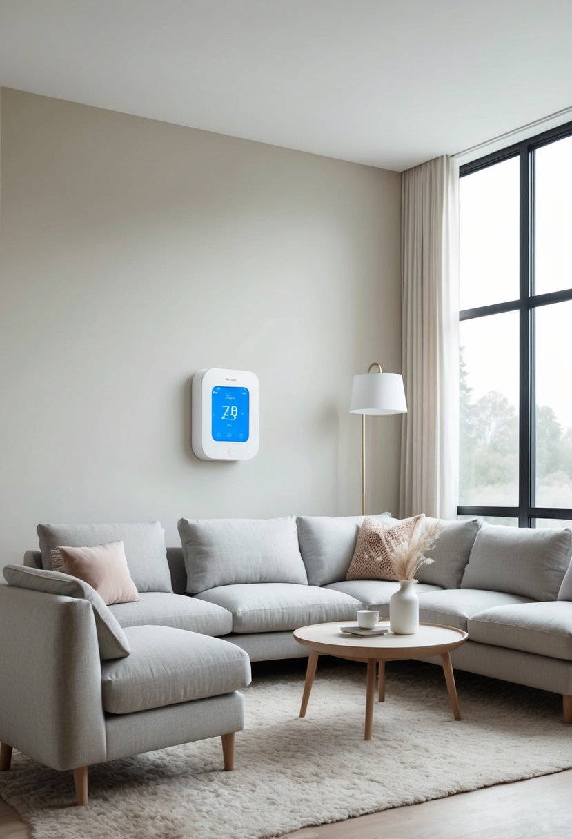 A cozy living room with a smart thermostat set to an energy-saving temperature, surrounded by modern furniture and large windows letting in natural light