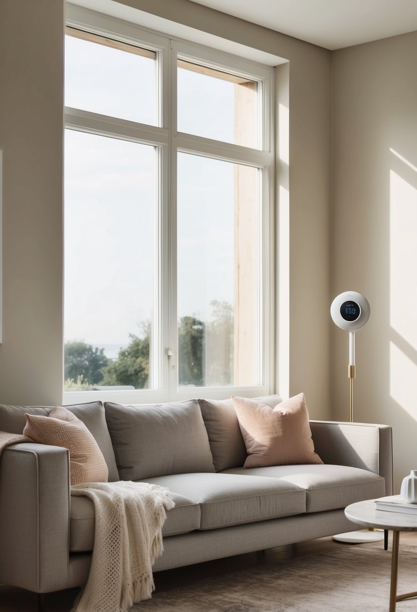 A cozy living room with a modern smart thermostat set to an energy-saving temperature, with sunlight streaming in through the window