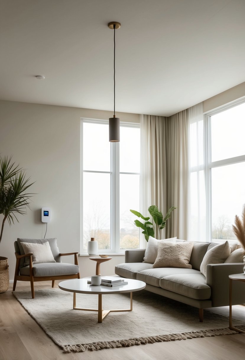 A cozy living room with a modern smart thermostat set at an energy-saving temperature, surrounded by stylish furniture and a large window letting in natural light