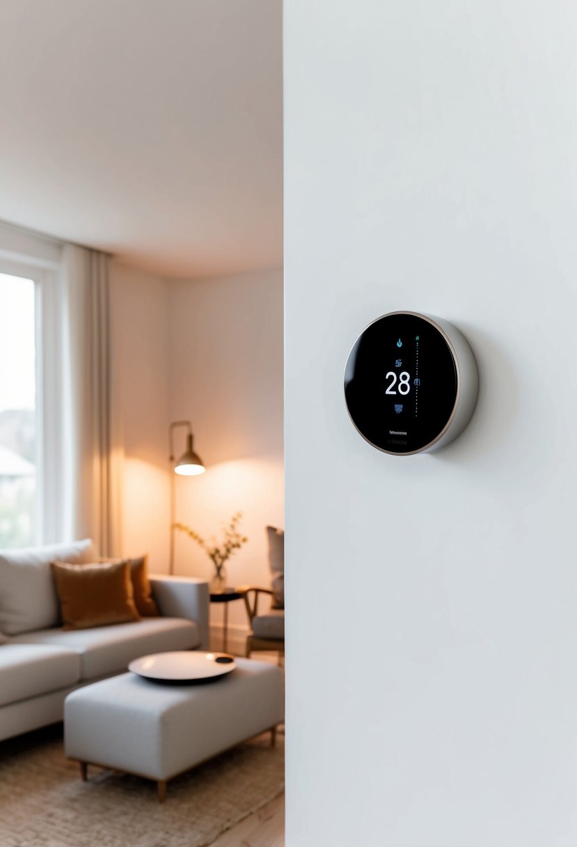 A modern, sleek smart thermostat mounted on a white wall, surrounded by a cozy living room with comfortable furniture and warm lighting