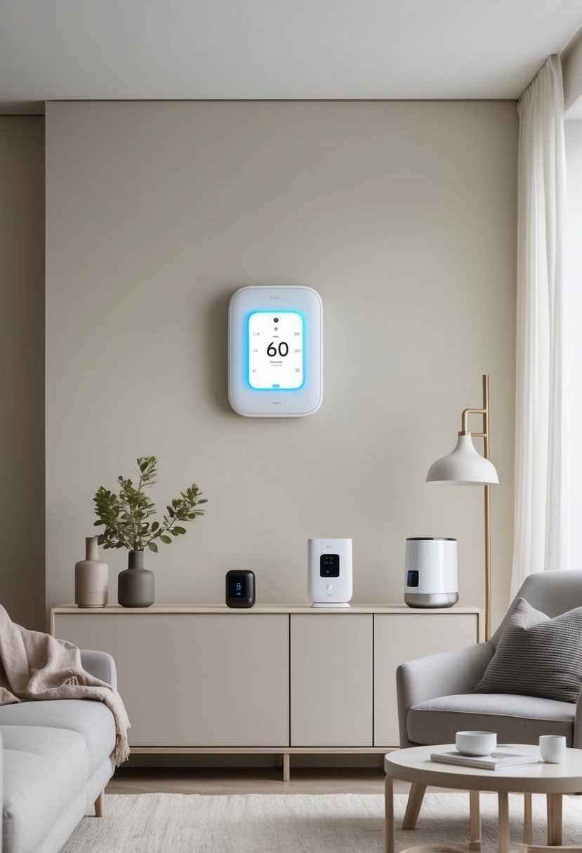 A modern, minimalist living room with a sleek smart thermostat prominently displayed on the wall, surrounded by energy-efficient devices and appliances