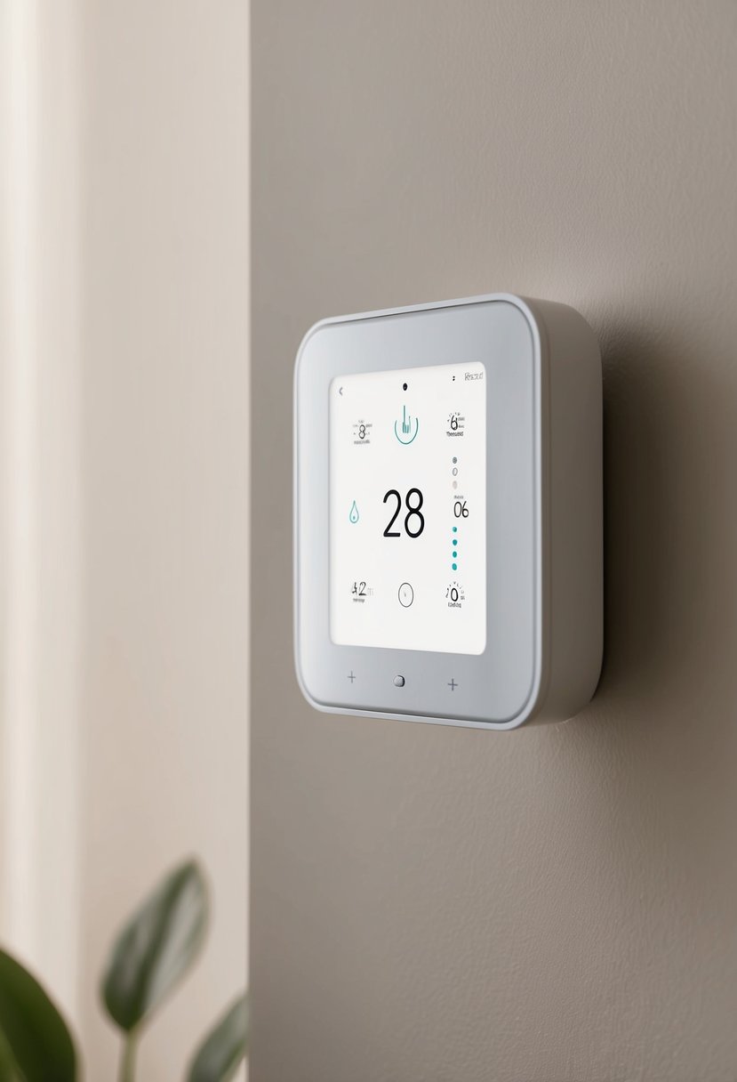 A smart thermostat mounted on a wall, with various icons and buttons for programming and adjusting temperature settings