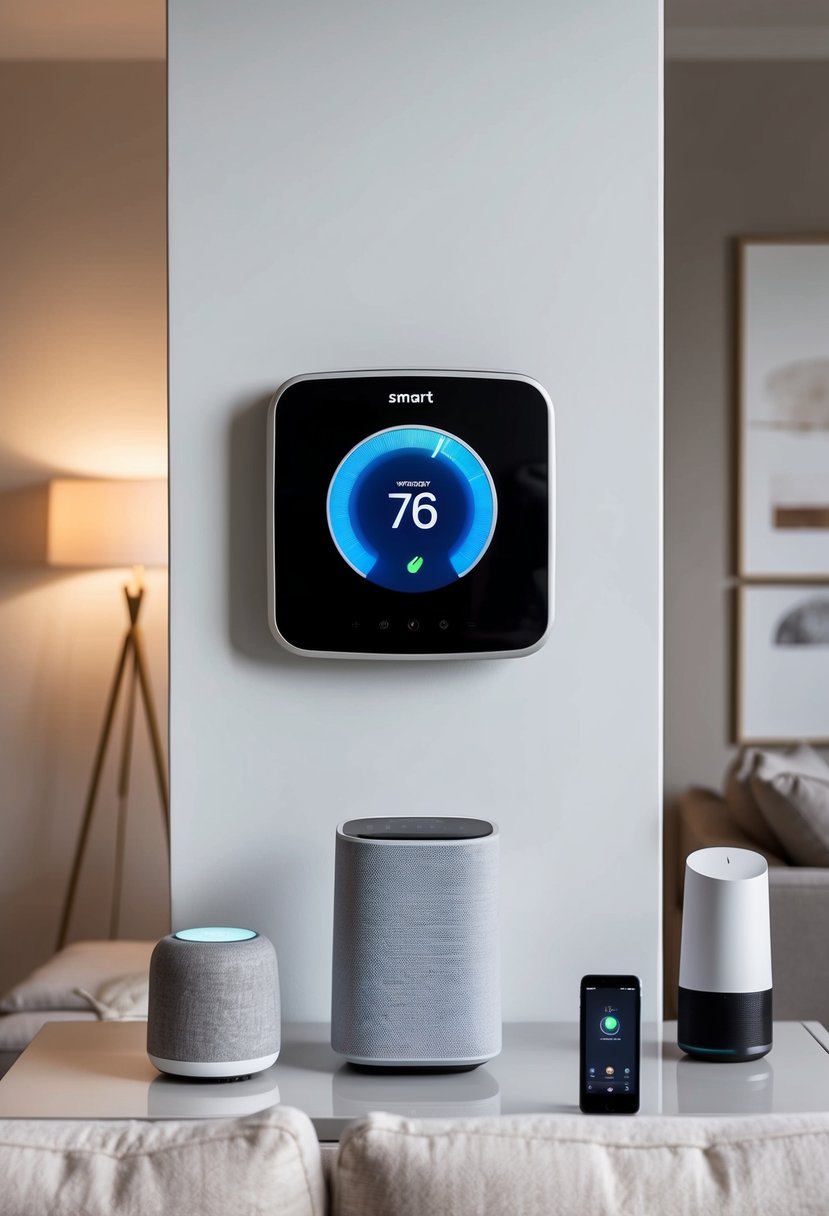 A modern living room with a smart thermostat displayed prominently on the wall, surrounded by other smart home devices such as a voice-controlled speaker and automated lighting