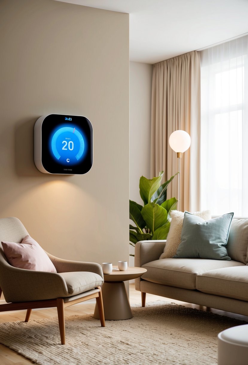 A cozy living room with a modern smart thermostat displayed prominently on the wall, surrounded by comfortable furniture and warm lighting