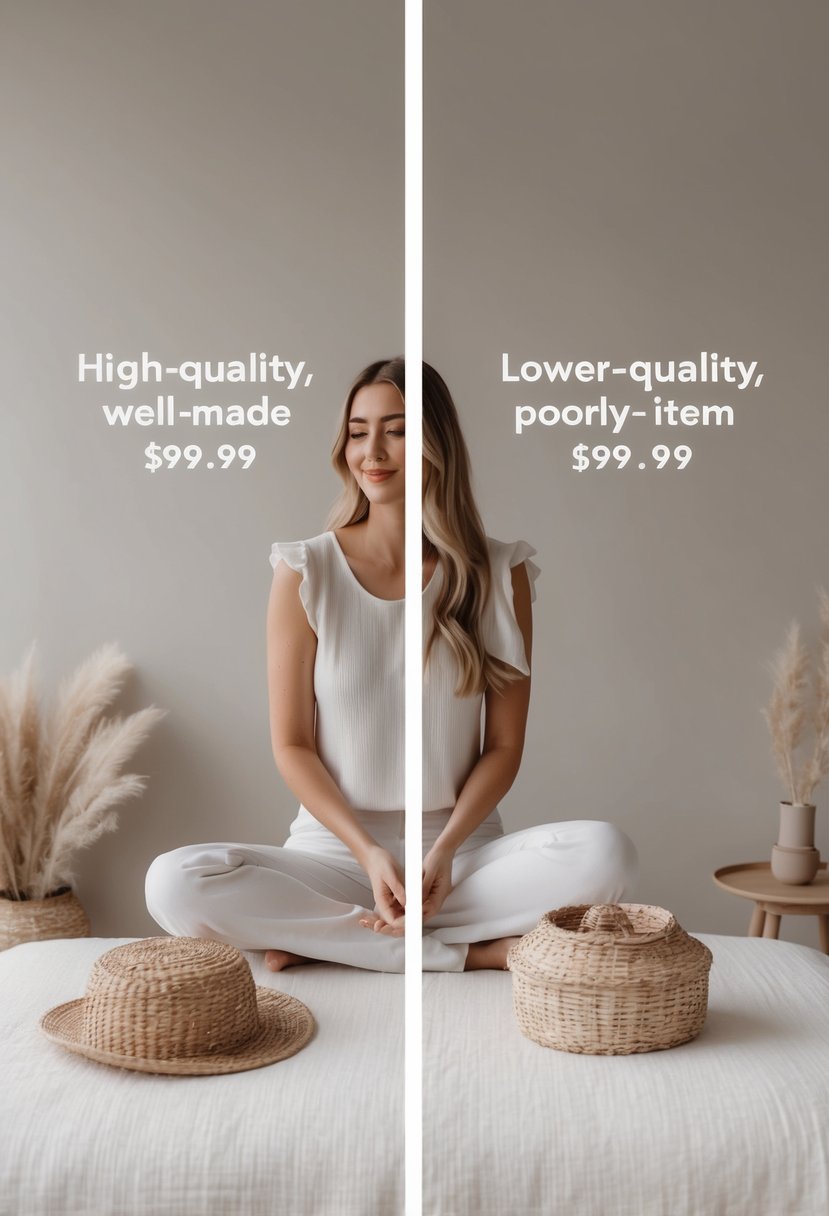 A person choosing between a high-quality, well-made item and a lower-quality, poorly-made item with a significant price difference