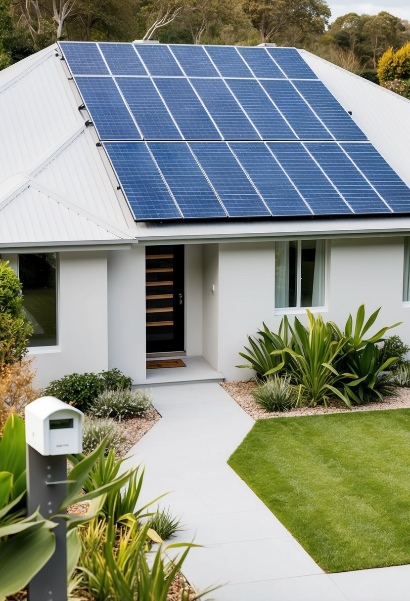 A family home with a roof covered in solar panels, surrounded by a well-maintained garden and a security system installed