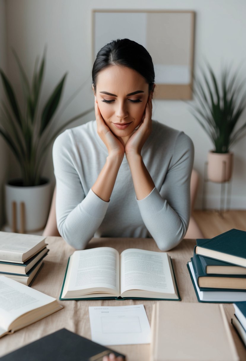 A person researching frugal living, surrounded by books and financial resources, with a determined expression