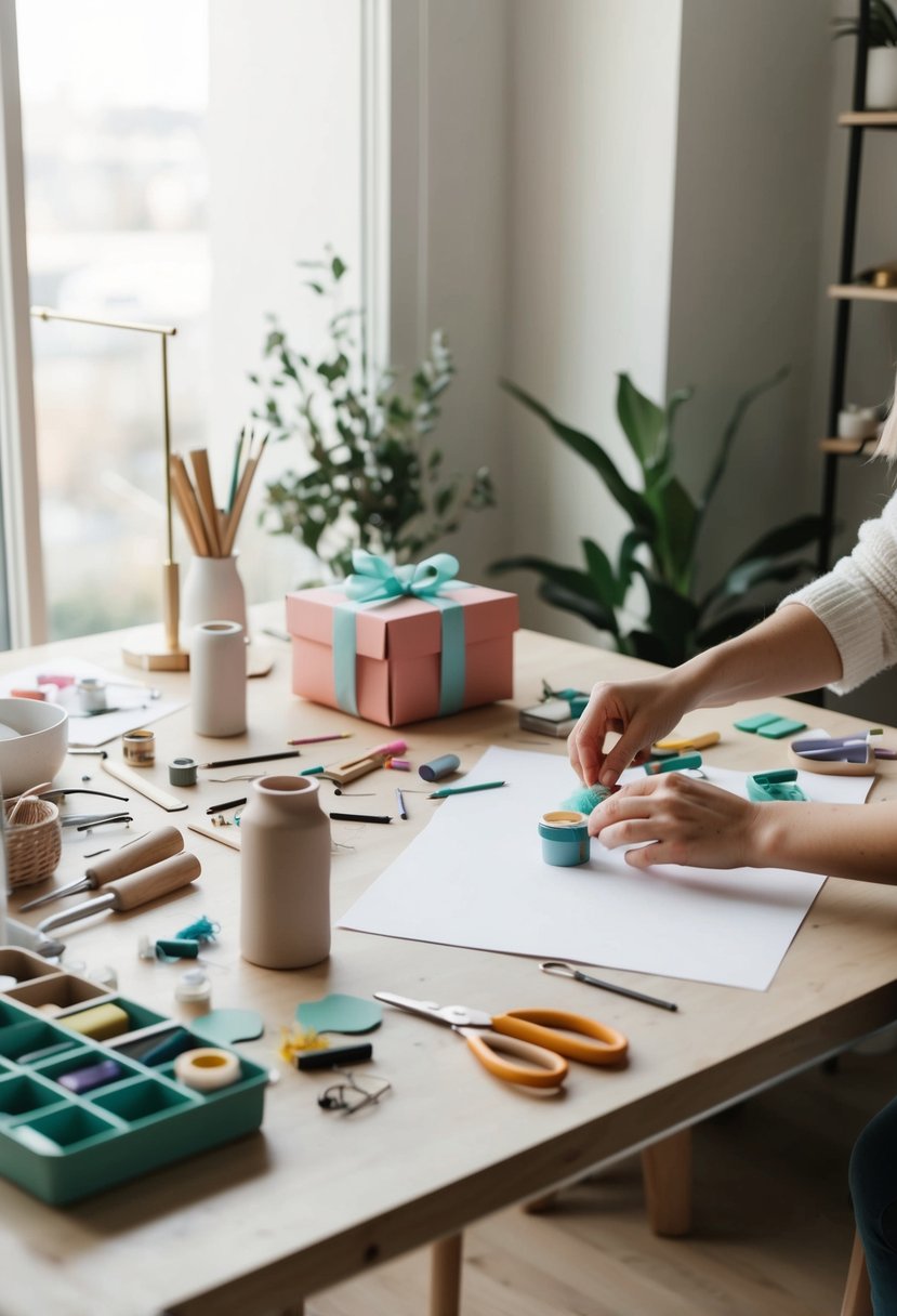 A cluttered worktable with colorful craft supplies and tools scattered around, as a handmade gift takes shape