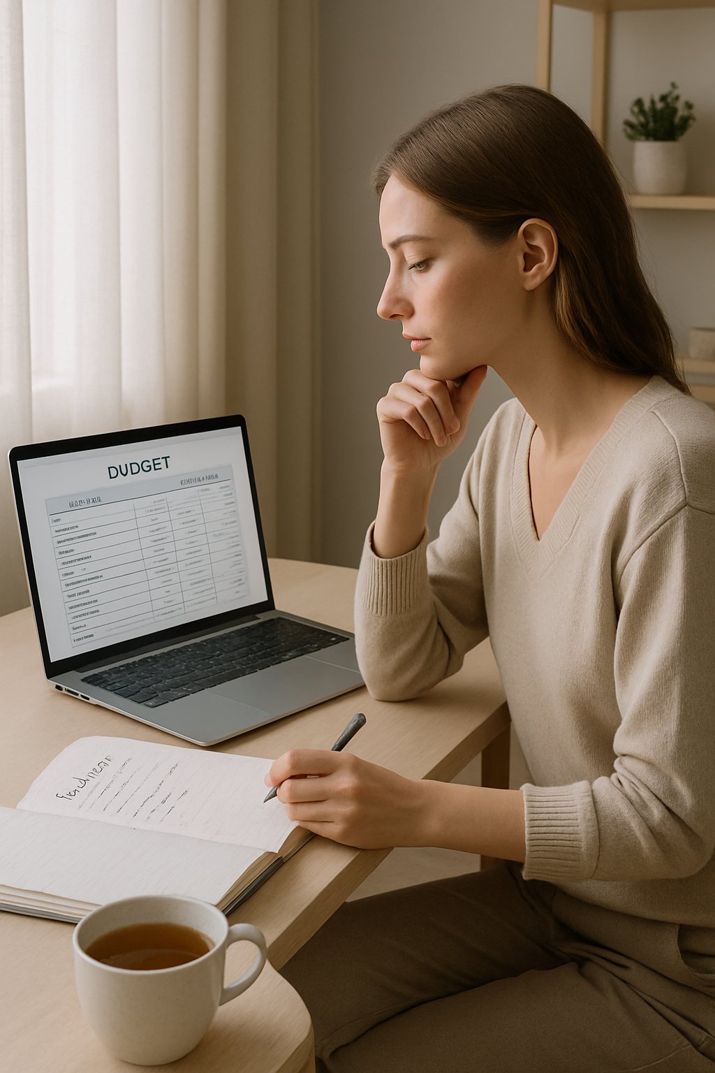 A woman sitting at a desk with a laptop, notebook, and cup of tea, planning her budget in a softly lit room with a plant and shelves in the background.