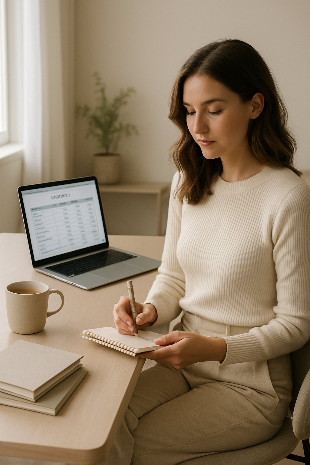 A woman sitting at a clean desk with a laptop and notebooks, reviewing budgeting notes in a softly lit room with plants in the background.