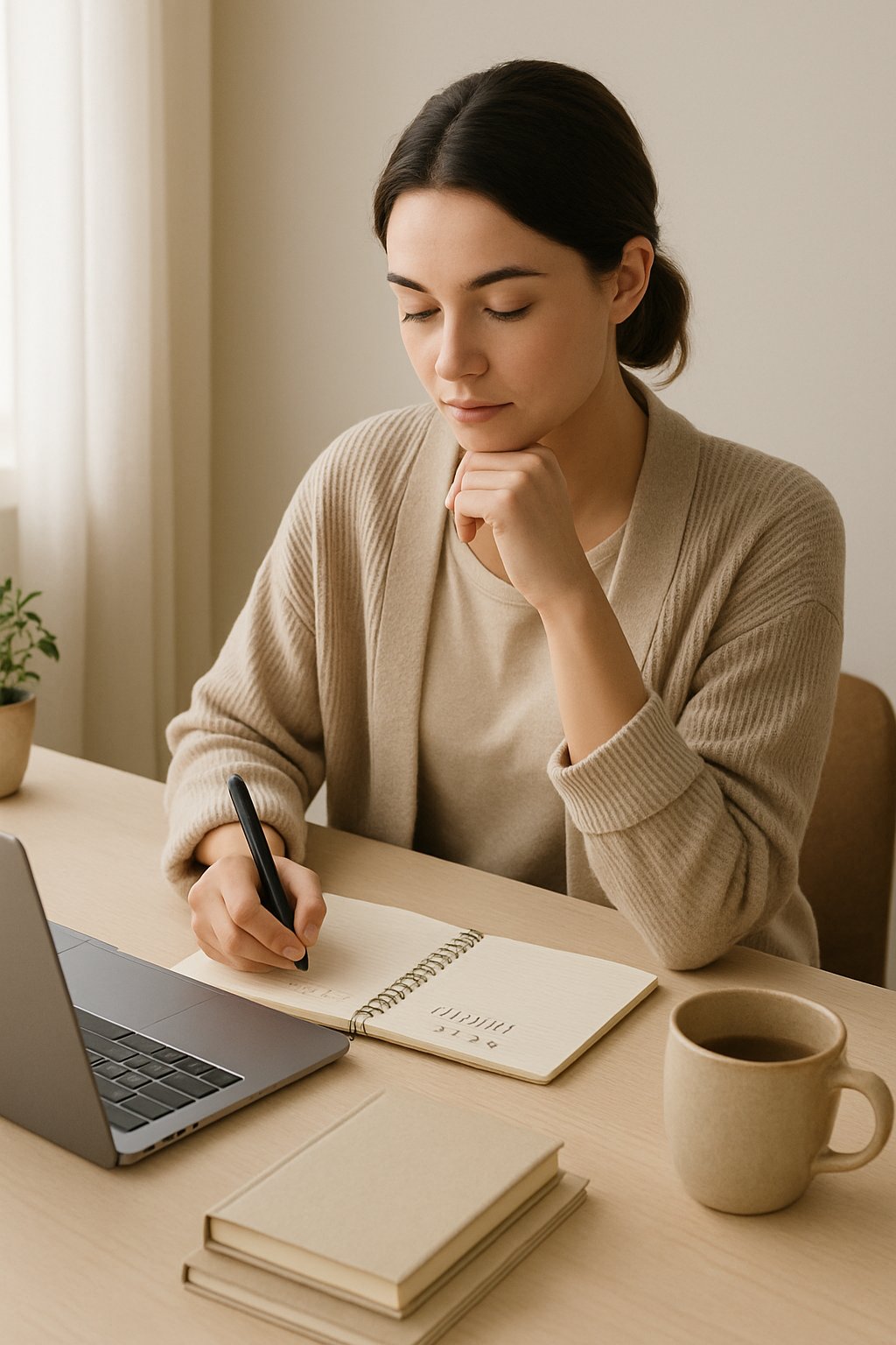 A woman sitting at a desk in a softly lit room, working on a budget plan with a laptop, notebook, and pen nearby.