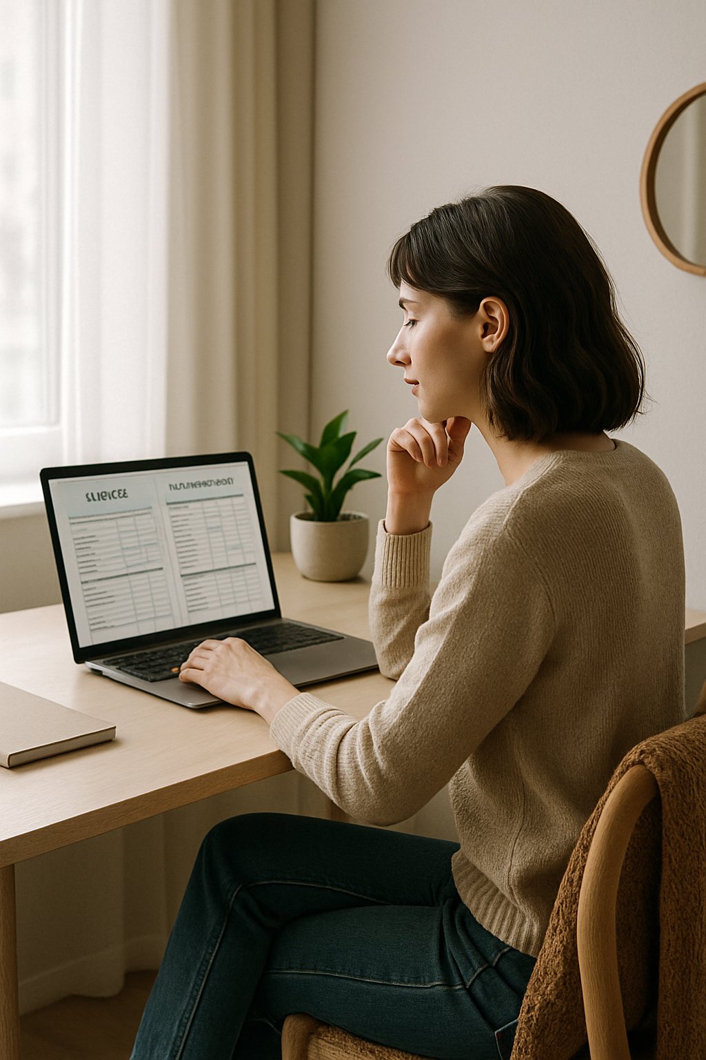 A woman working on budgeting templates on a laptop at a clean wooden desk in a cozy, naturally lit room.