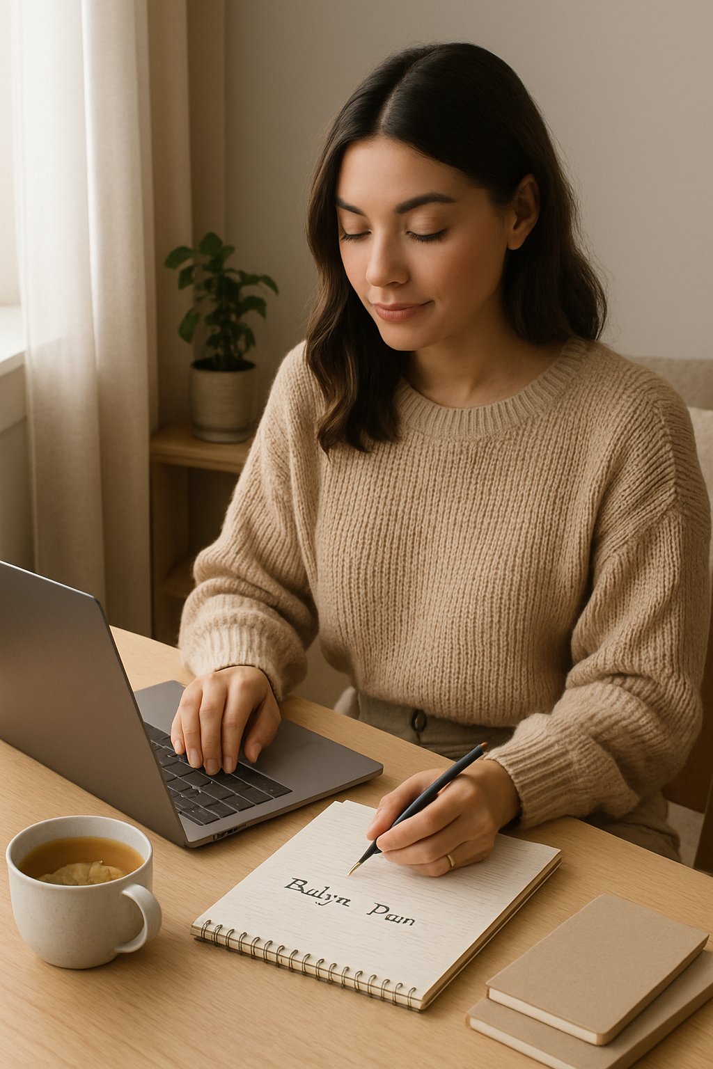 A woman sits at a wooden desk, working on a laptop and writing in a notebook in a softly lit, cozy room.
