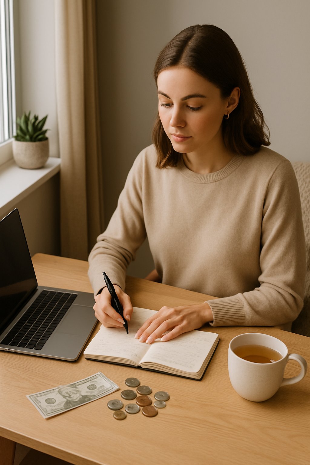 A woman sitting at a wooden desk by a window, writing in a notebook with a laptop and cup of tea nearby, surrounded by plants and soft natural light.