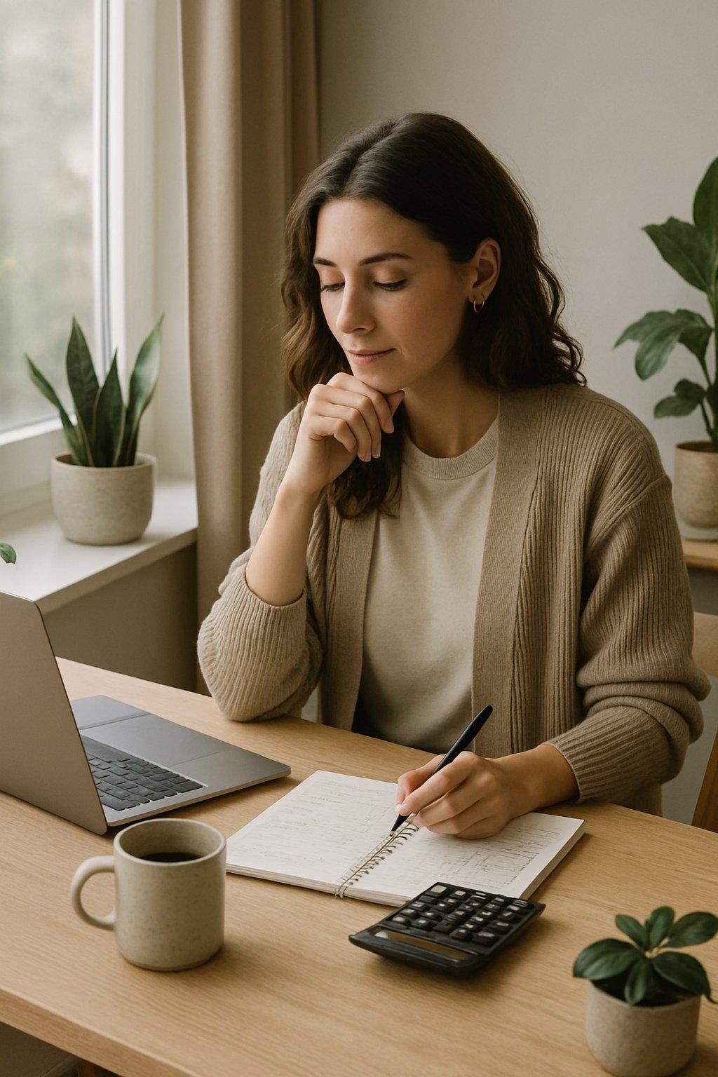 A woman sitting at a wooden desk by a window, writing in a notebook with a laptop and plants nearby.