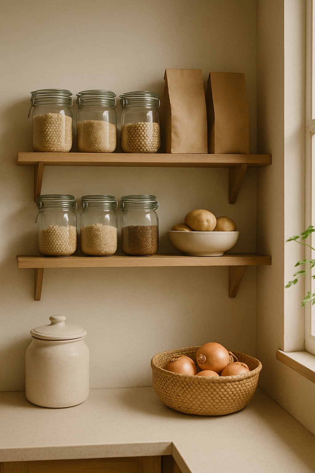 A tidy kitchen pantry with shelves holding jars of grains, spices, and fresh produce in a softly lit, clean space.