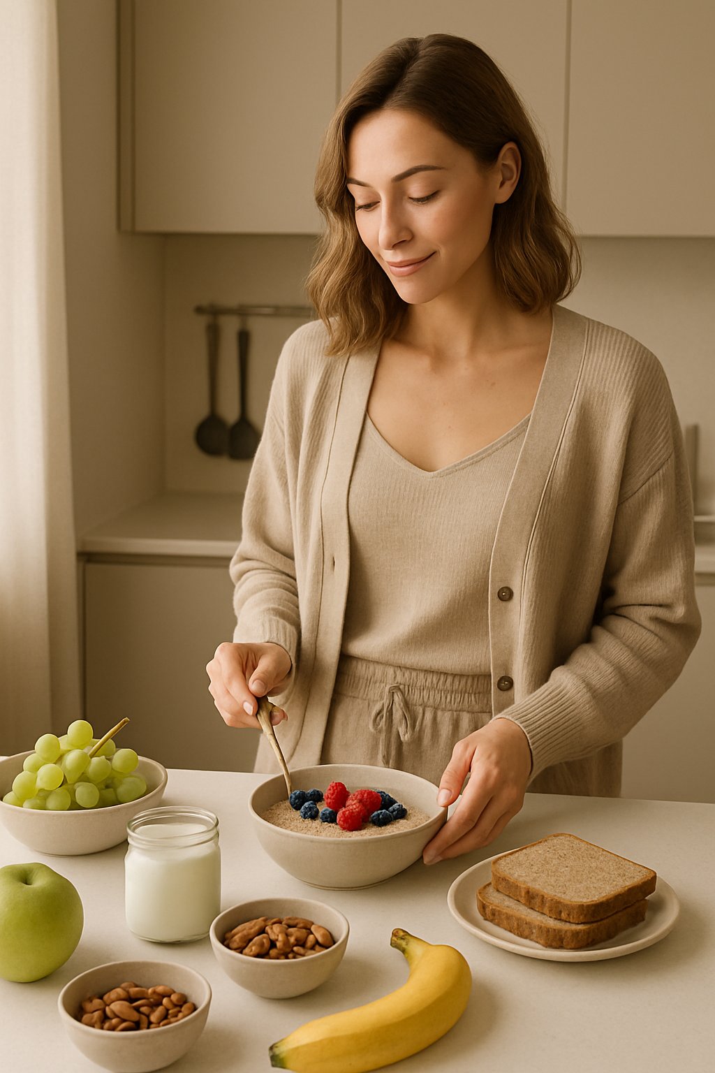 A woman preparing a simple breakfast with fresh fruits, oatmeal, and nuts on a clean kitchen countertop in soft natural light.