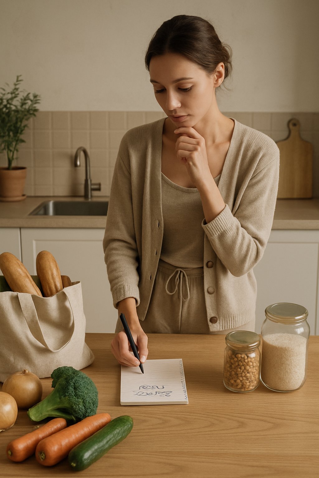 A woman organizing a budget grocery list at a wooden table in a cozy kitchen with fresh vegetables and pantry items nearby.