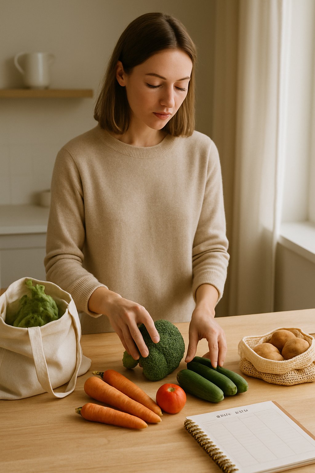 A woman arranging fresh vegetables and pantry items on a kitchen countertop while planning meals.