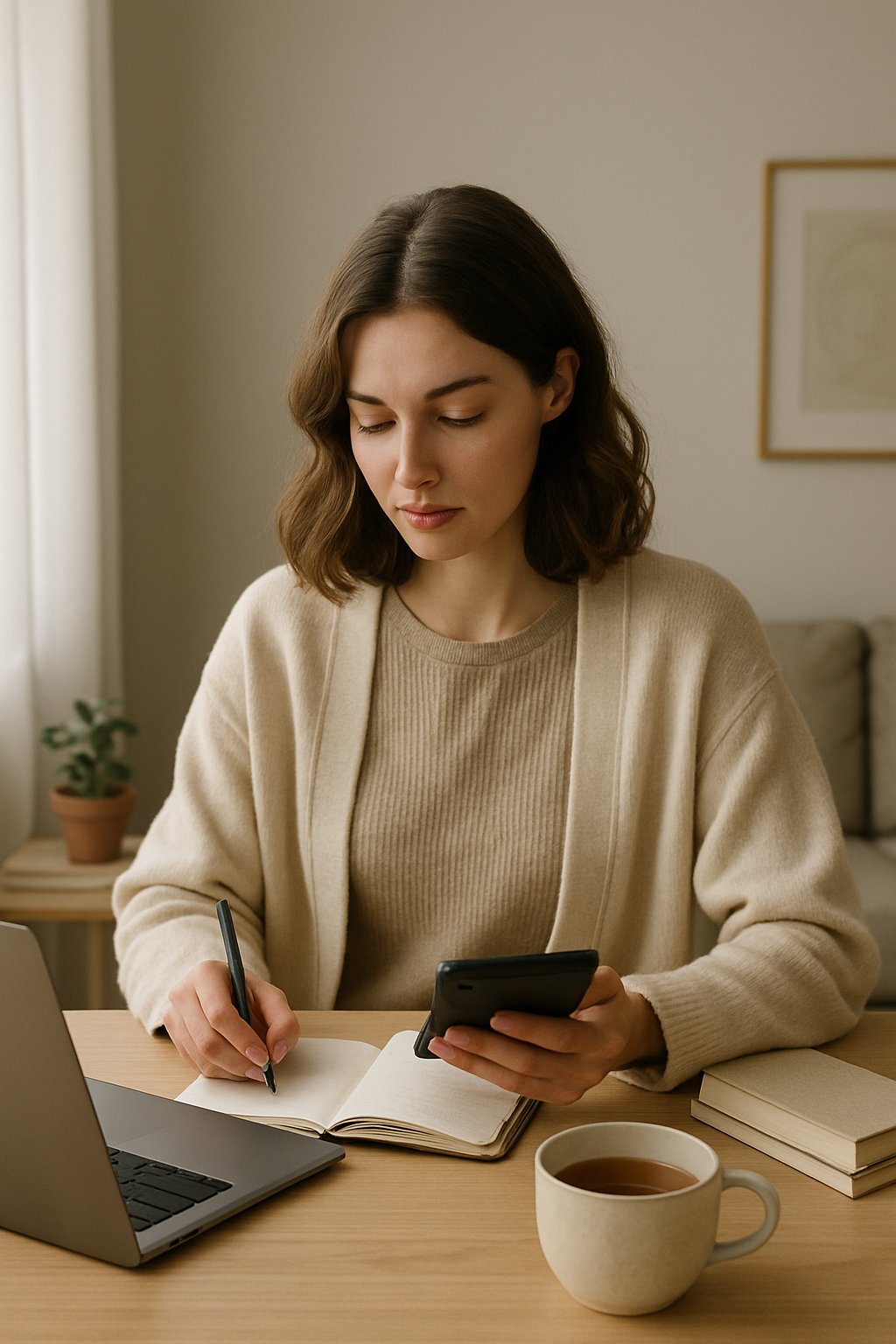 A woman sitting at a wooden table with a laptop and notebook, planning her budget in a cozy, softly lit room.