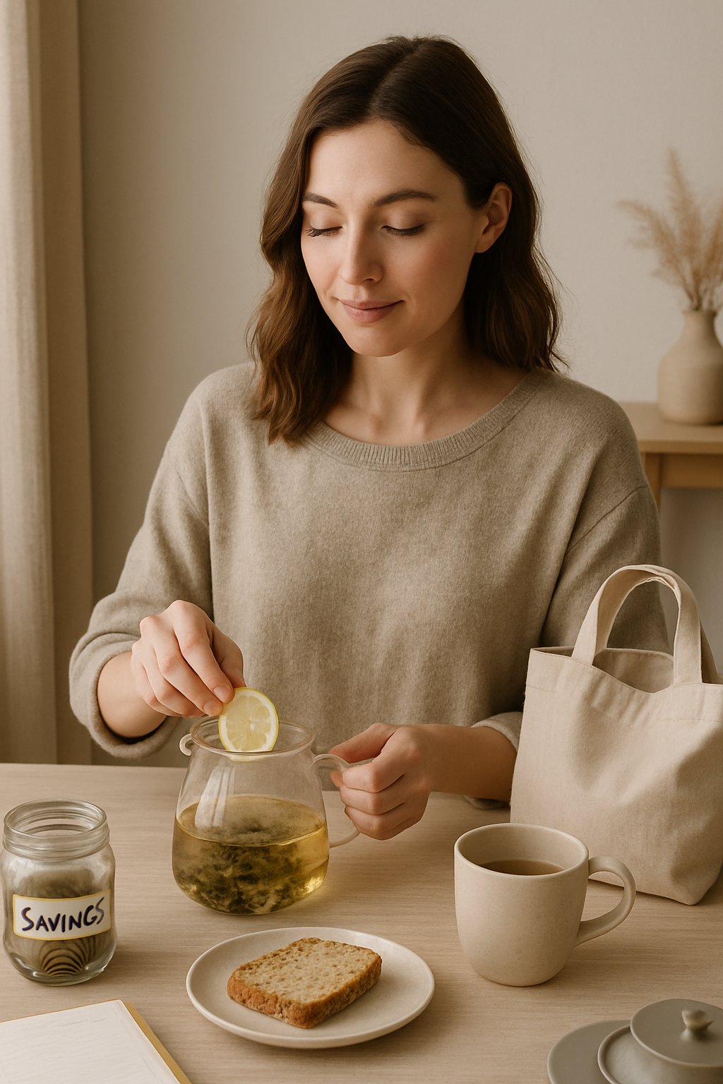 A woman preparing a simple homemade meal in a cozy kitchen with natural light, surrounded by minimal kitchenware and a savings jar.
