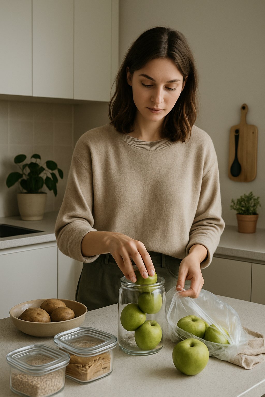 A young woman in a cozy kitchen preparing a simple meal with reusable containers and organized groceries.