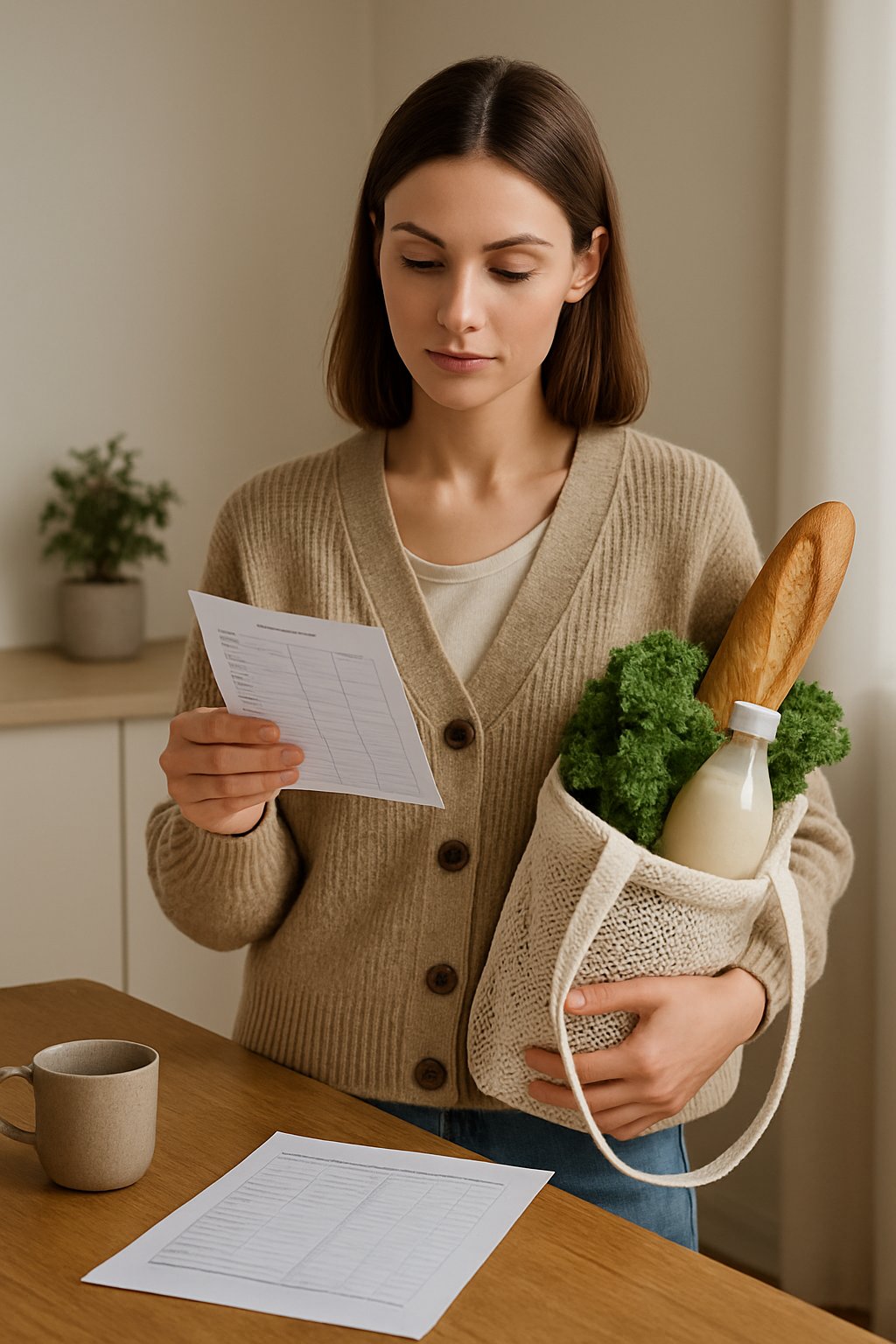 A young woman holding a reusable shopping bag filled with fresh produce, reviewing a shopping list in a cozy, minimalist kitchen.
