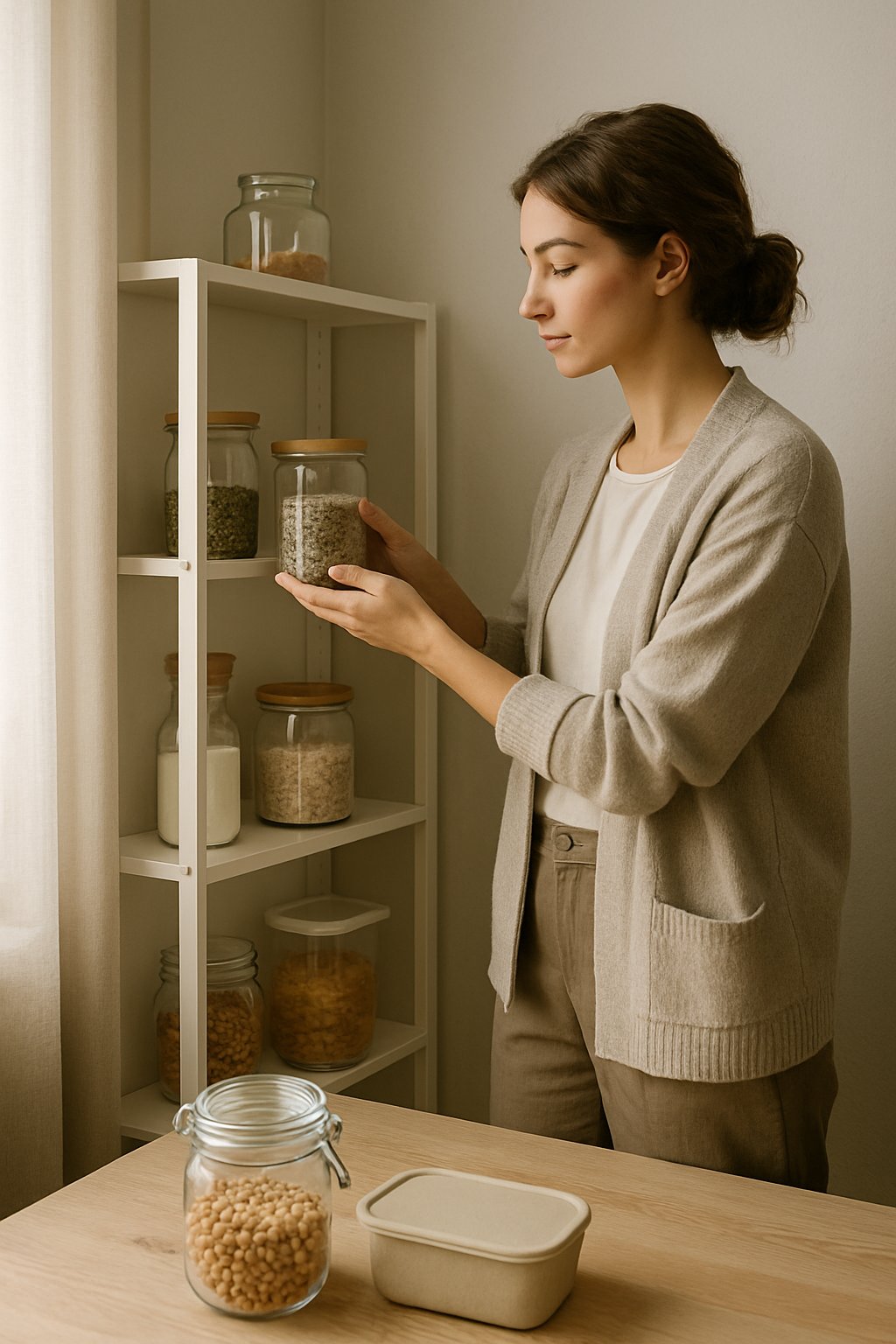 A woman organizing a neat pantry with glass jars in a cozy, sunlit room.