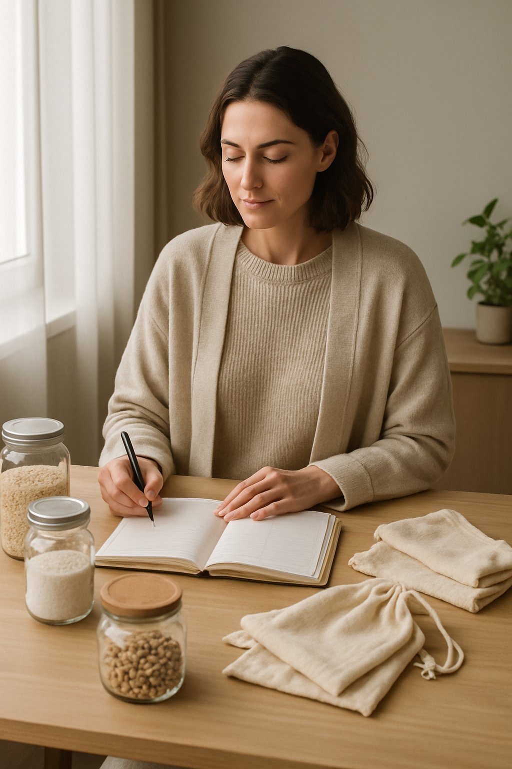 A woman sitting at a desk by a window, organizing her daily planner and eco-friendly household items in a calm, cozy room.