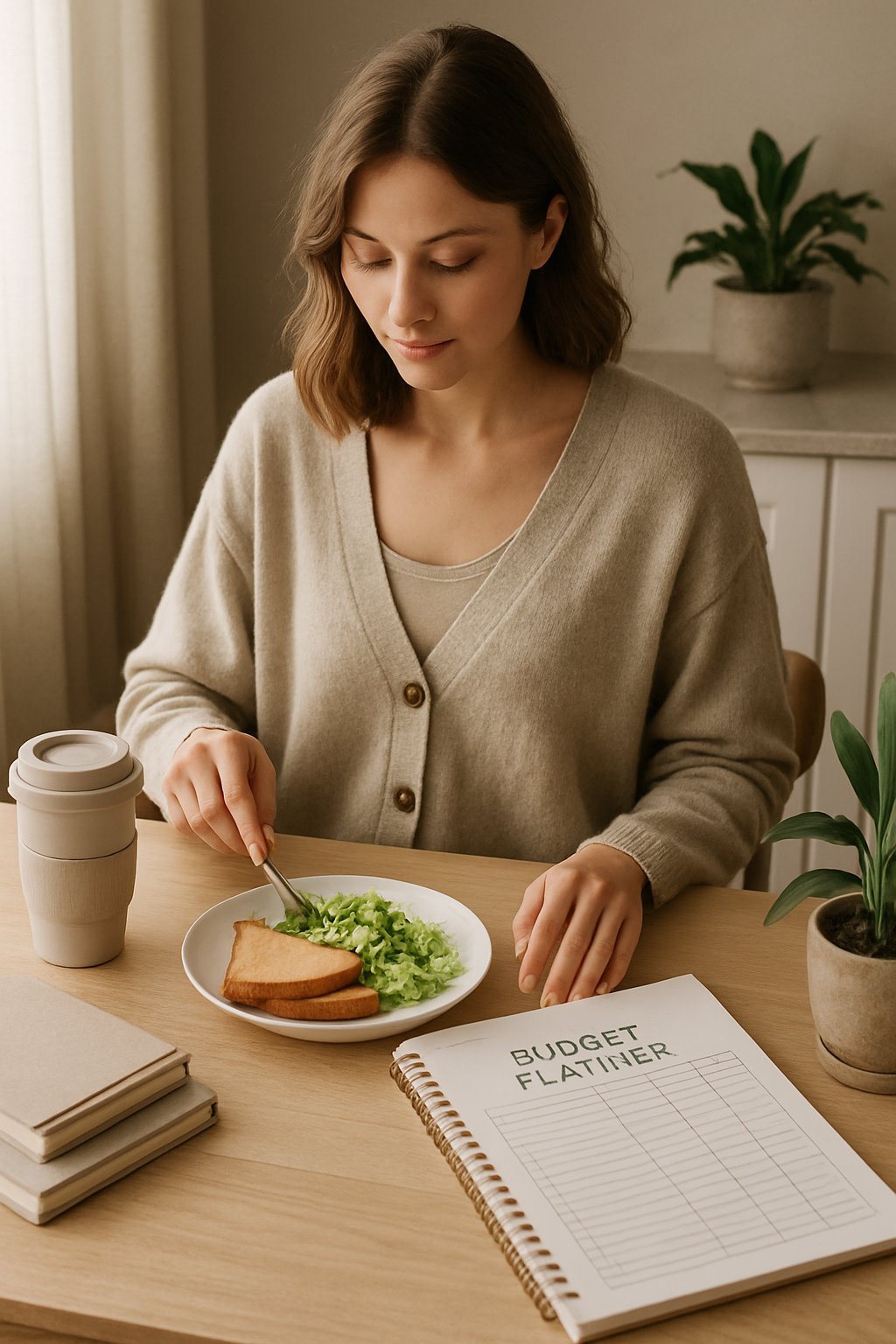 A young woman in a cozy kitchen preparing a simple meal while organizing a budget planner on a wooden table with natural light coming through the window.