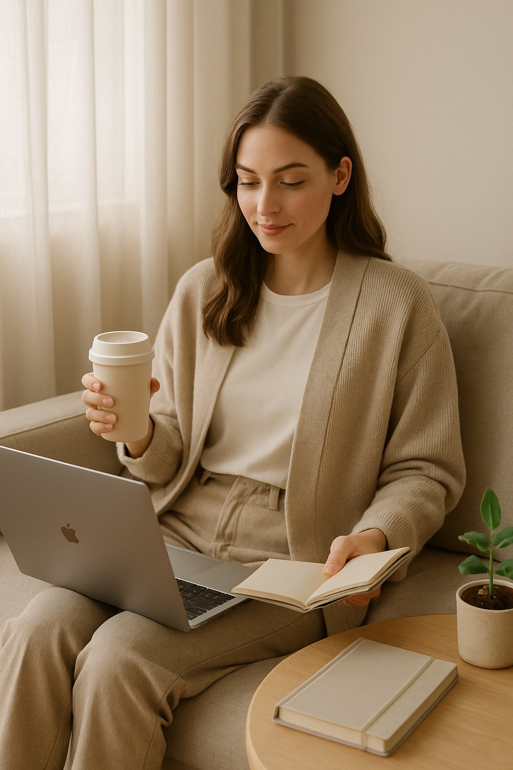A young woman sitting on a sofa in a bright room with natural light, surrounded by a laptop, planner, coffee cup, and a small plant.