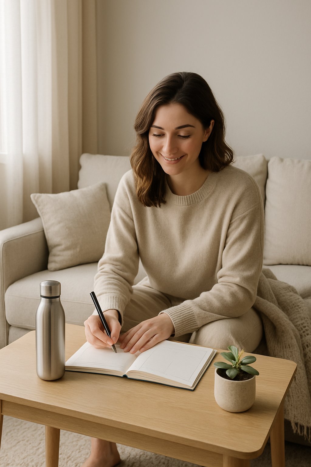A young woman sitting on a sofa in a cozy living room, writing in a notebook with natural light coming through a window.
