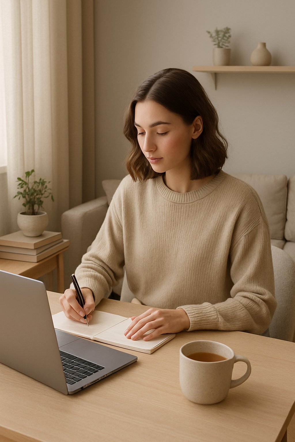 A young woman sits at a desk with a laptop and notebook, planning her budget in a cozy, softly lit room with neutral colors and simple decor.