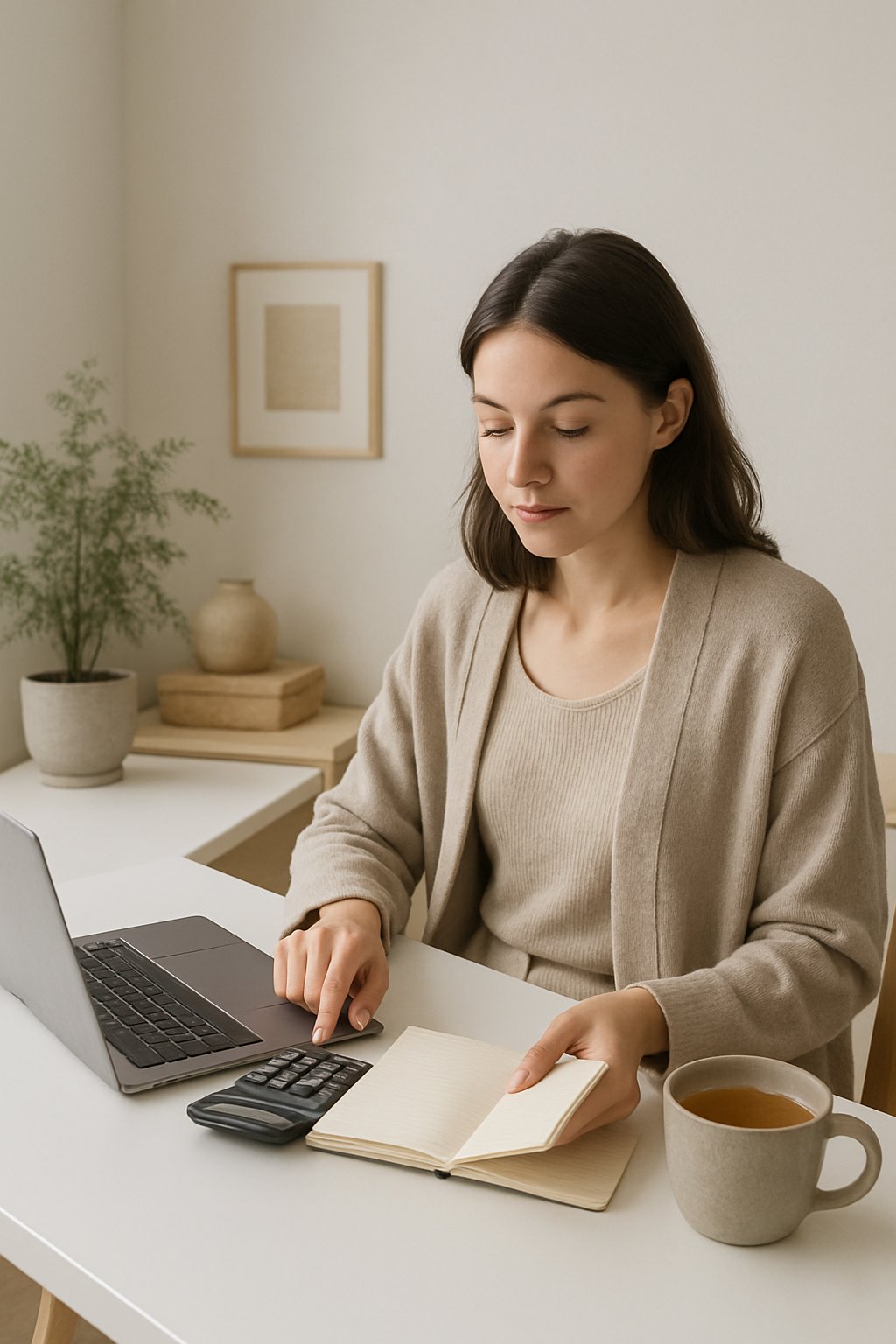 A young woman sitting at a tidy desk with a laptop and notebook, organizing her finances in a bright, cozy room with plants and simple decor.