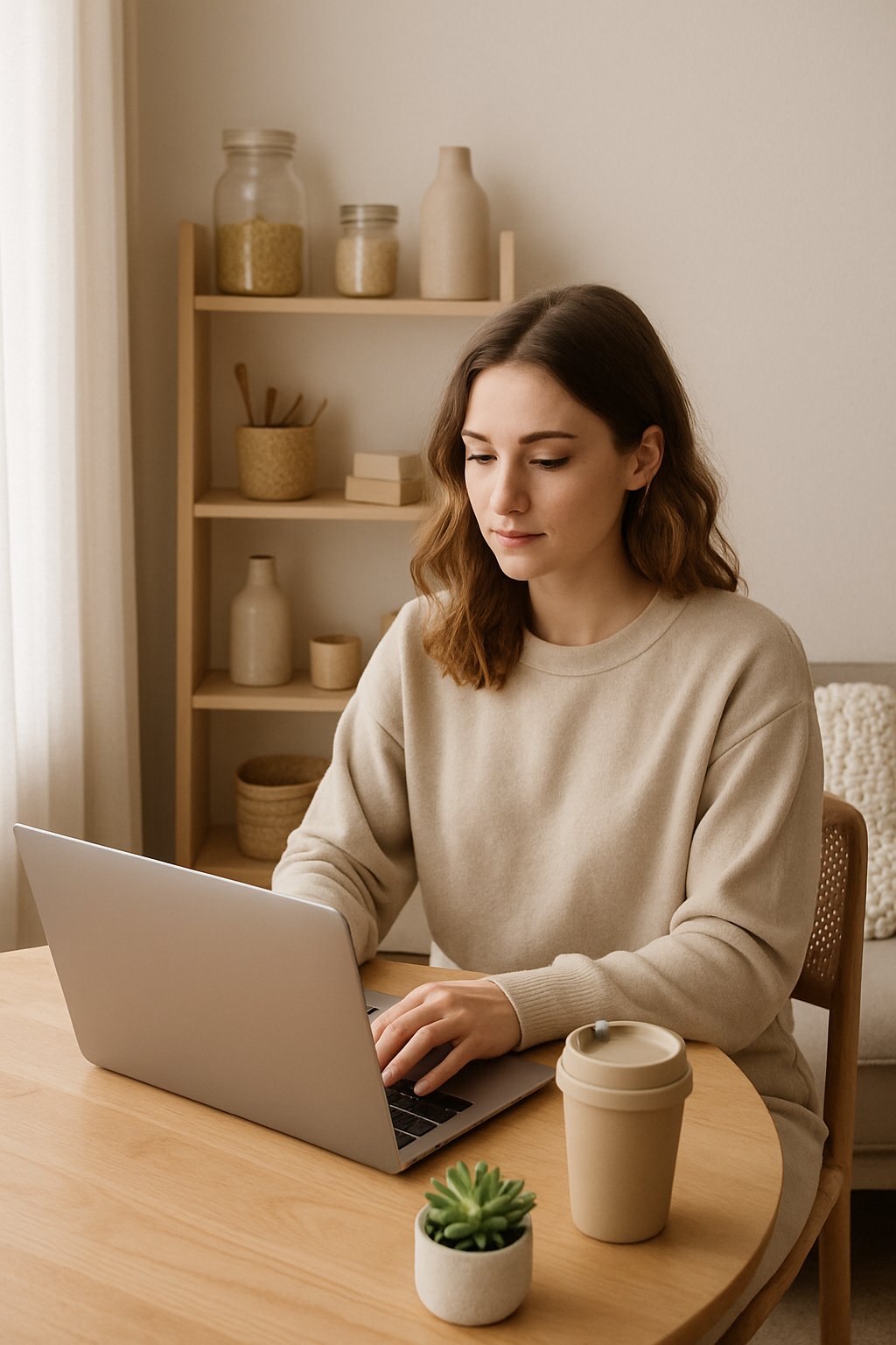 A young woman sitting at a wooden table with a laptop and reusable coffee cup in a cozy, tidy living space with natural light and plants.