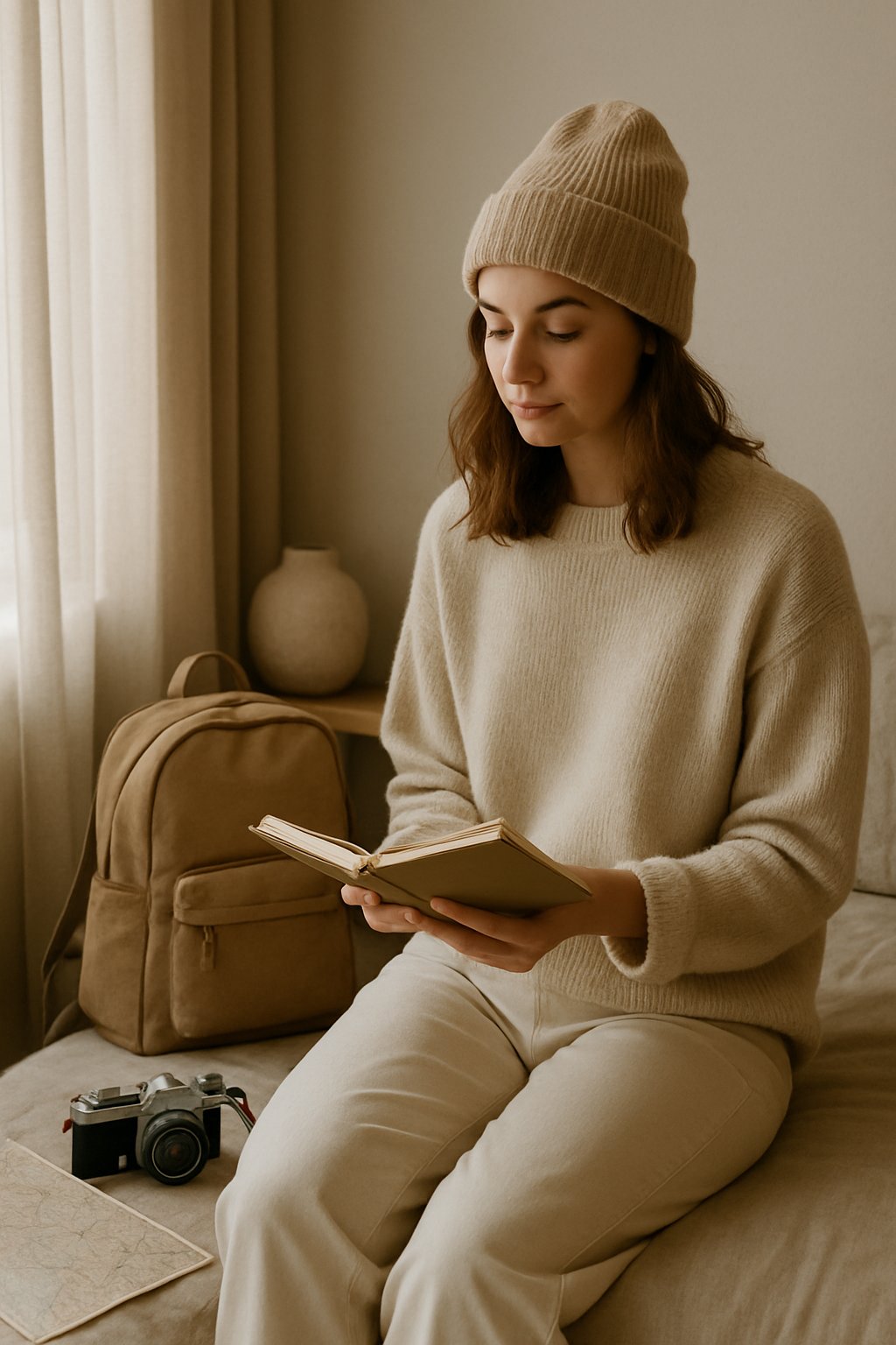 A young woman sitting by a window with travel items around her, looking at a notebook in a calm and cozy room.