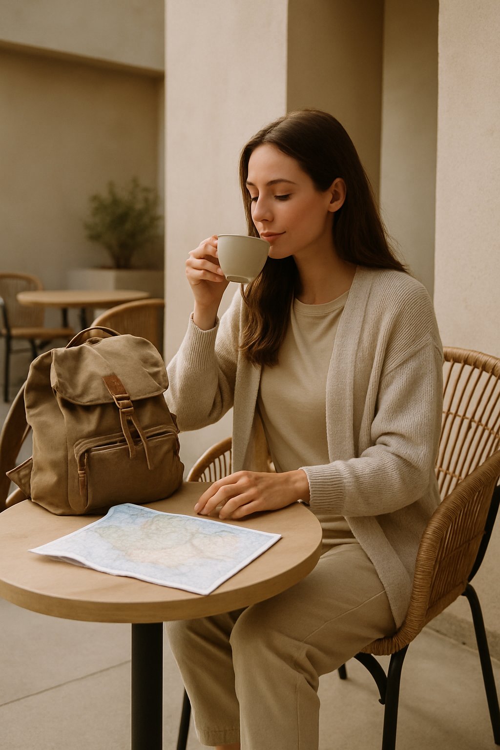 A woman sitting at an outdoor café table with a backpack and map, enjoying a warm drink in a calm, minimalist setting.