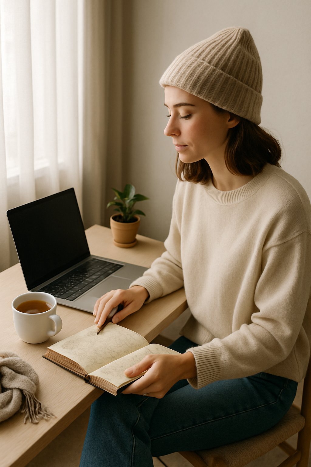 A young woman sitting by a window with natural light, planning her travel on a laptop and writing in a journal on a wooden table with a cup of tea nearby.